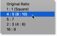 Choosing 8x10 from the Aspect Ratio menu in Photoshop