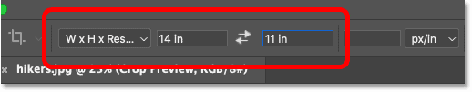 Entering a specific width and height, in inches, for the Crop Tool in Photoshop
