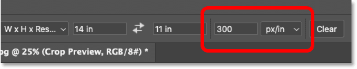 Entering a print resolution of 300 pixels per inch for the Crop Tool in Photoshop