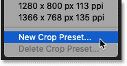 Choosing the New Crop Preset option for the Crop Tool in Photoshop