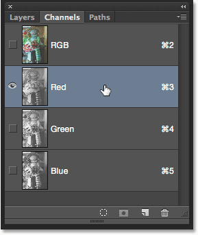 Selecting the Red channel in the Channels panel. Image © 2015 Photoshop Essentials.com