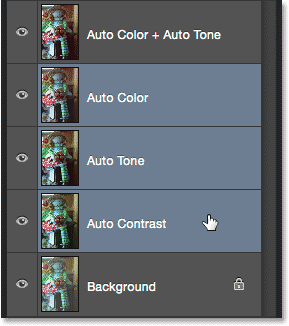 Selecting the unwanted Auto command layers. Image © 2015 Photoshop Essentials.com