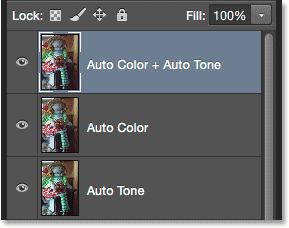 The new Auto Color + Auto Tone layer in the Layers panel. Image © 2015 Photoshop Essentials.com