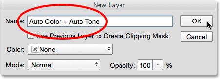 Naming the new layer in the New Layer dialog box. Image © 2015 Photoshop Essentials.com