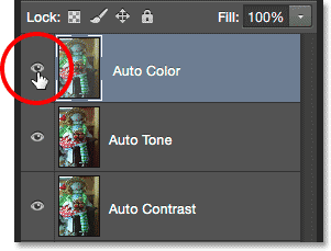 Selecting and turning on the Auto Color layer. Image © 2015 Photoshop Essentials.com